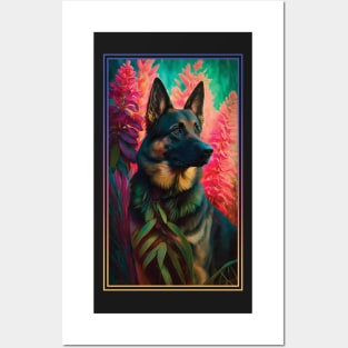 German Shepherd Dog Vibrant Tropical Flower Tall Digital Oil Painting Portrait  3 Posters and Art